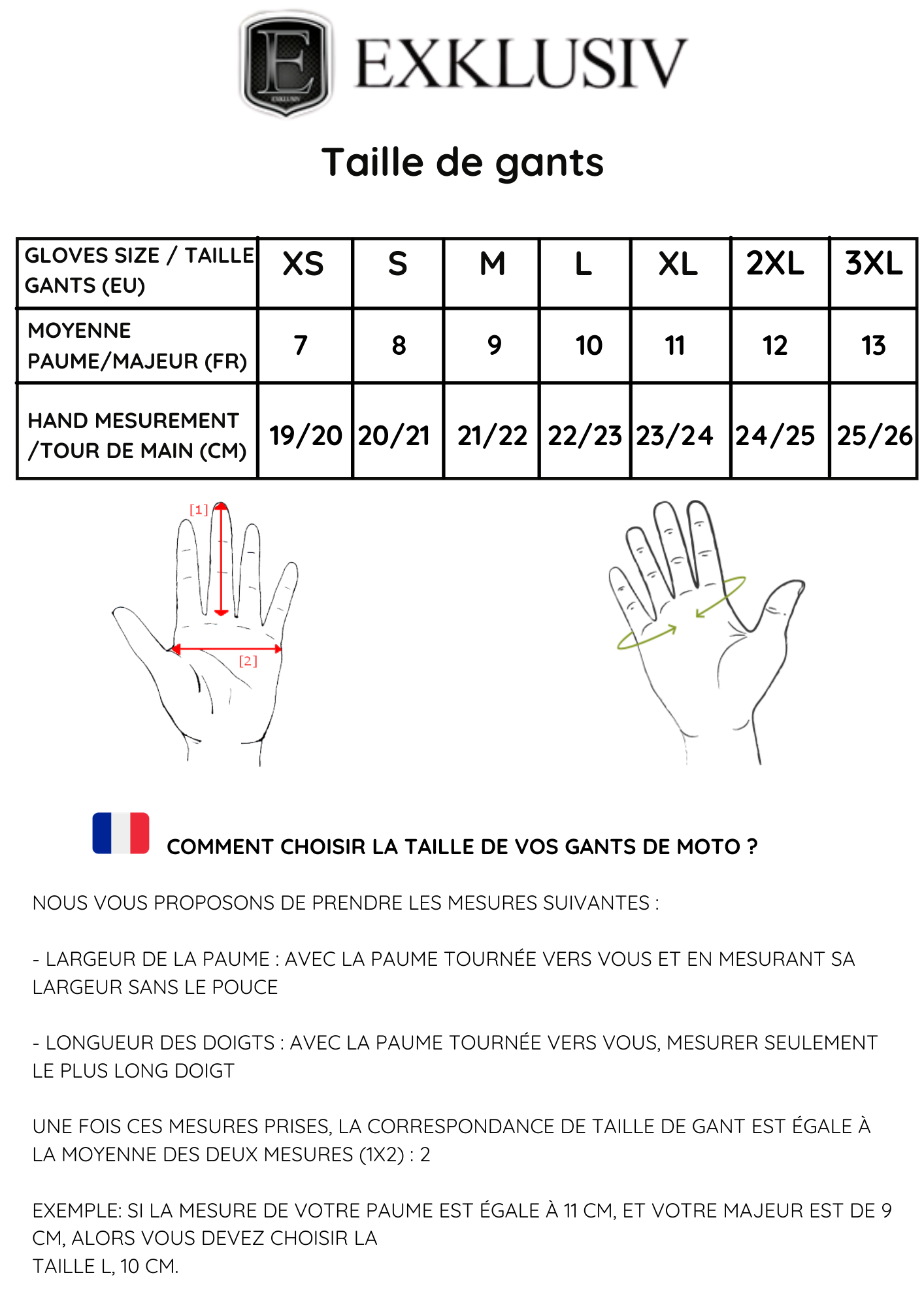 Taille gants moto - Guide tailles