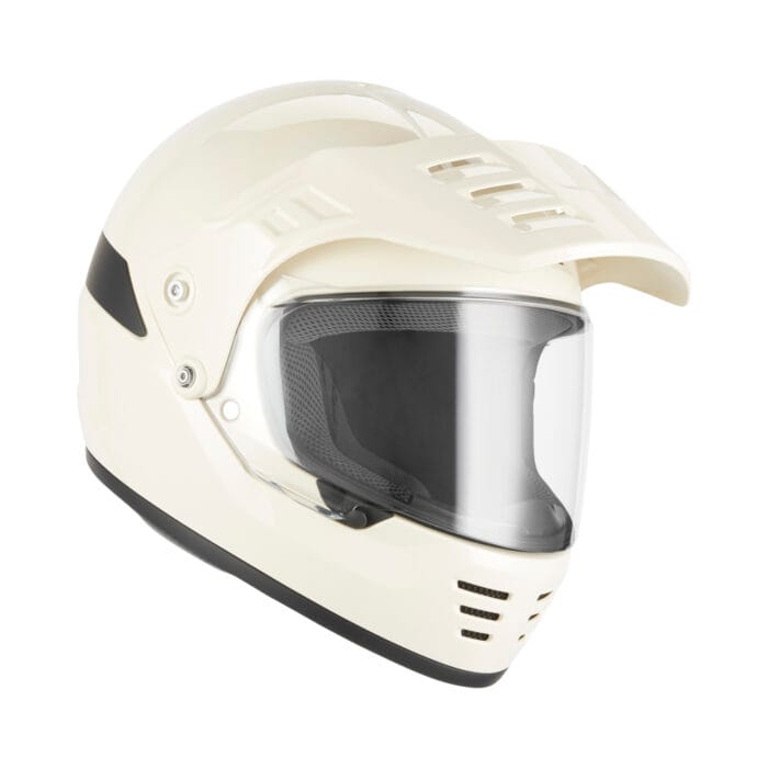 Casque moto intégral DUST crème brillant vue 3/4 avec visière trail amovible et écran large homologué ECE 22.06