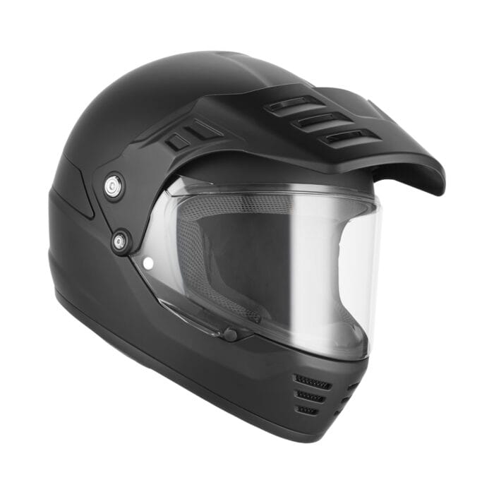 Casque moto intégral noir mat vue 3/4 avec visière trail amovible et écran large homologué ECE 22.06