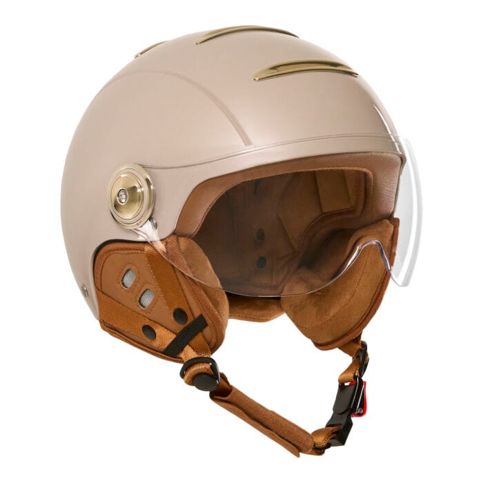 Casque vélo MACADAM champagne Exklusiv avec écran anti-rayure, ventilation optimisée et boucle micrométrique, idéal pour vélo urbain et vélo électrique.