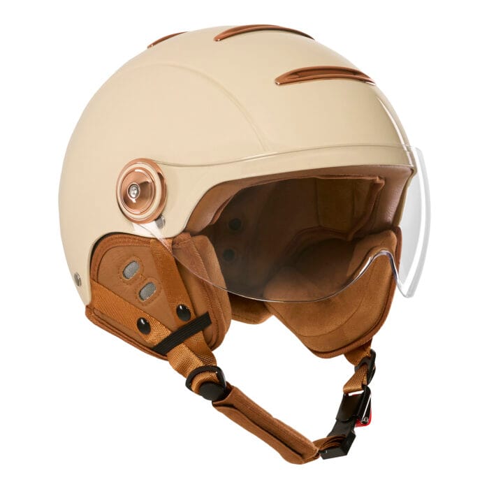 Casque vélo MACADAM crème Exklusiv avec écran anti-rayure, ventilation optimisée et boucle micrométrique, idéal pour vélo urbain et vélo électrique.